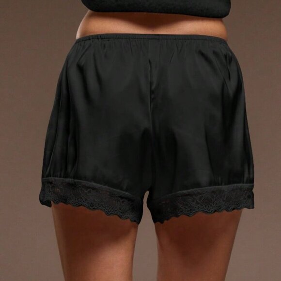 Black Casual Women's Elasticated Satin Shorts with Lace Trim - Picture 2 of 5